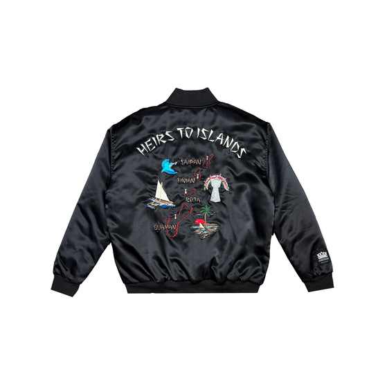 Heir to the Crown Map Satin Bomber Jacket- Black