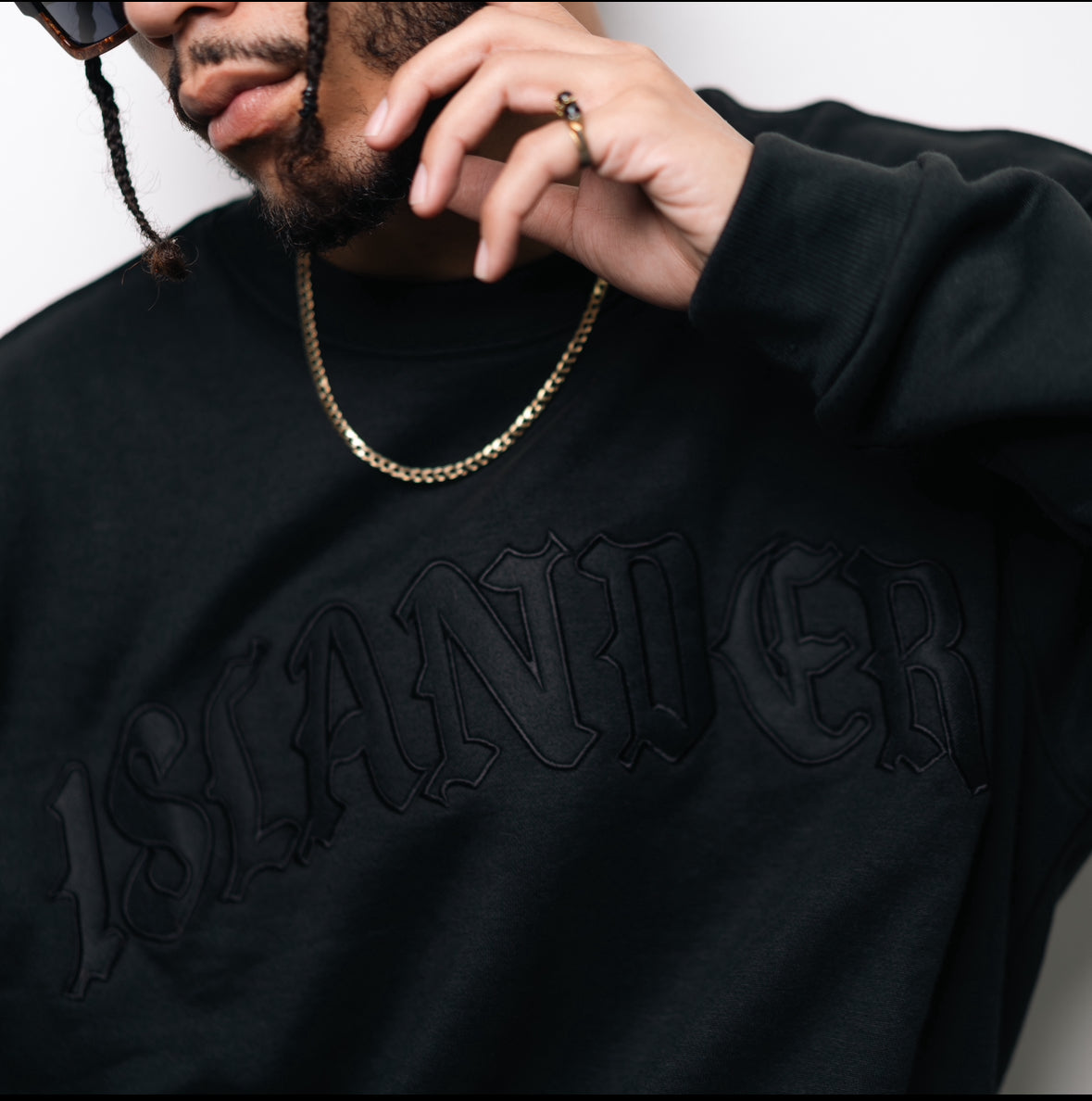 Islander Crewneck (Olde' English)- Black on Black