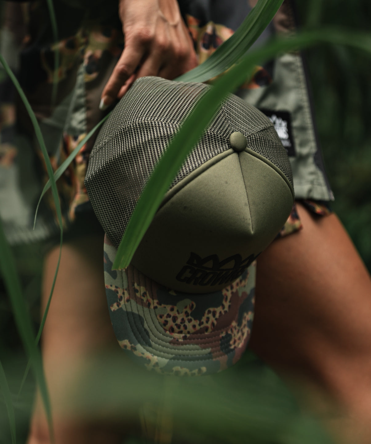 Standard Logo Trucker Hat- Cheetah Camo on Olive