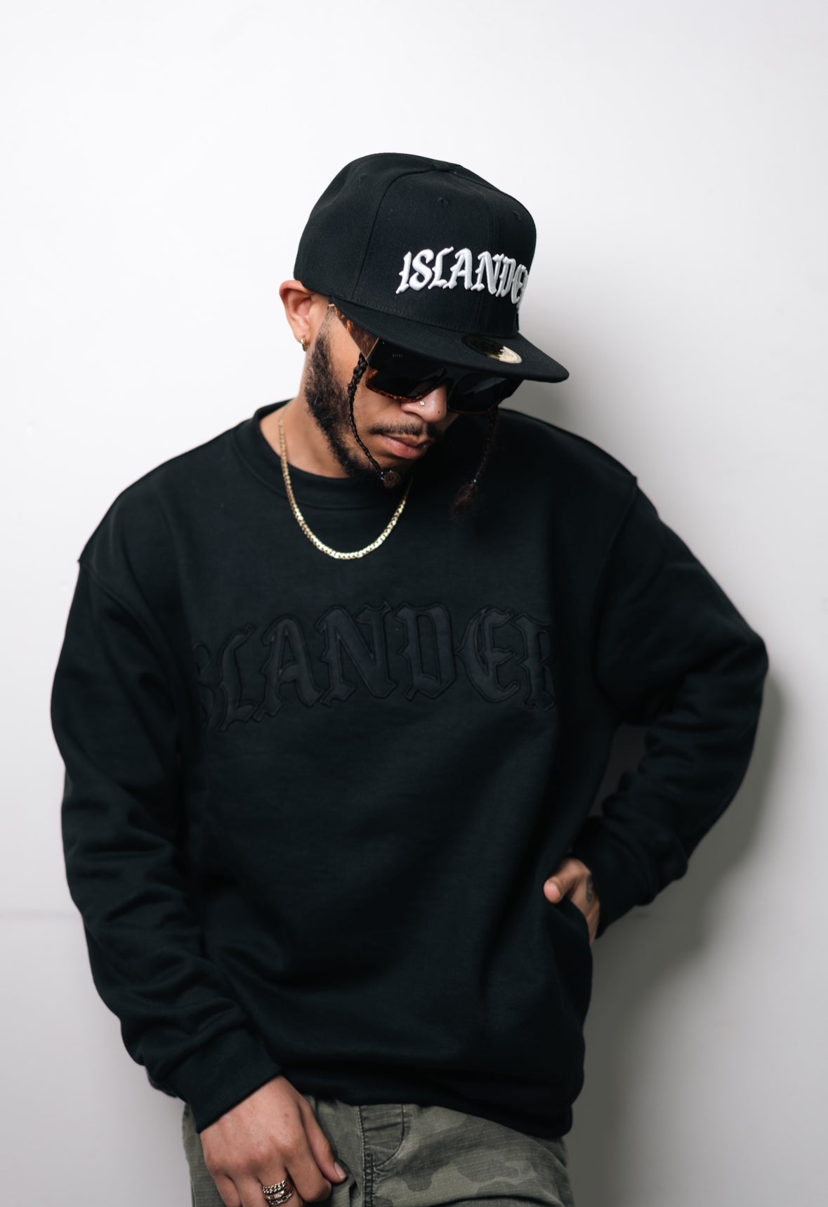 Islander Crewneck (Olde' English)- Black on Black