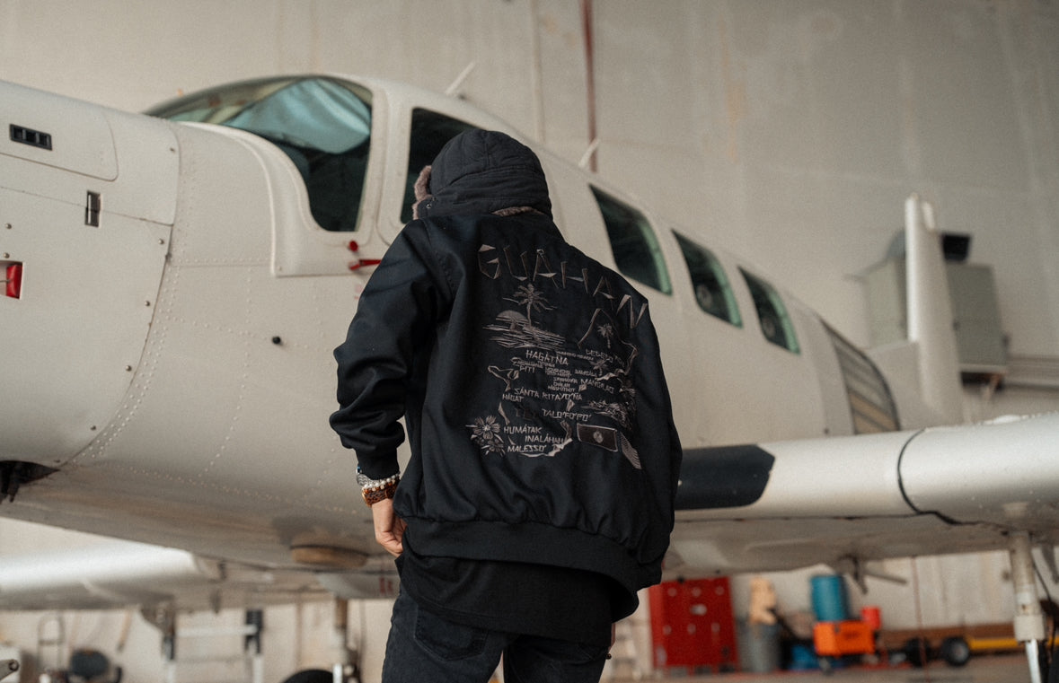 Map of Guam Matte Bomber Jacket - Gunmetal on Black