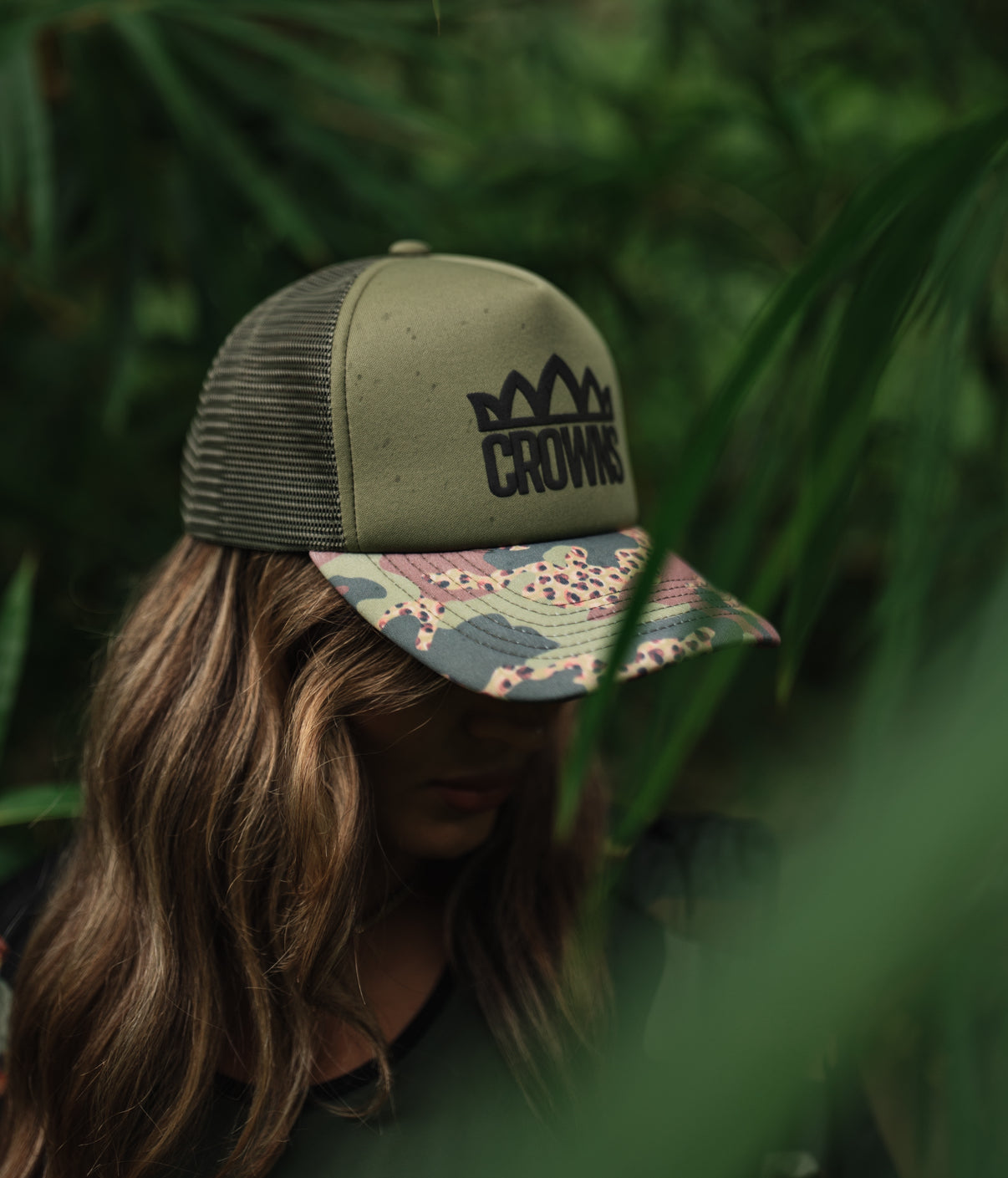 Standard Logo Trucker Hat- Cheetah Camo on Olive