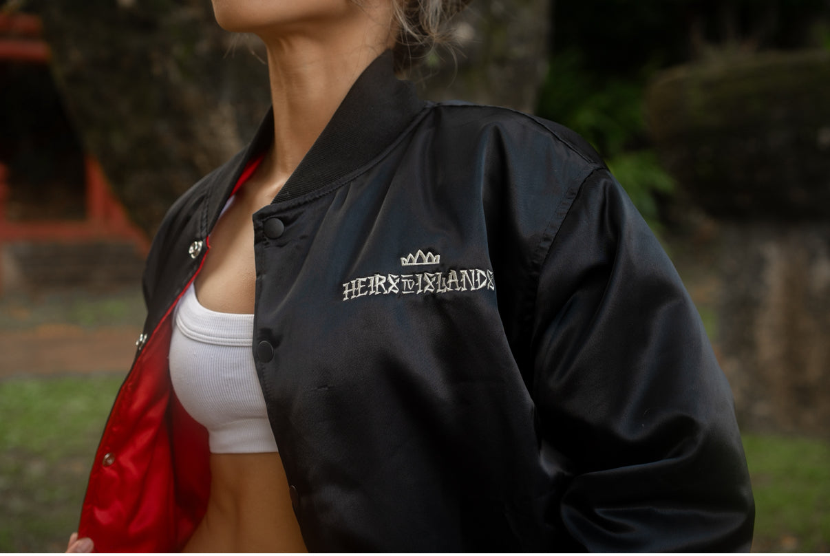 Heir to the Crown Map Satin Bomber Jacket- Black