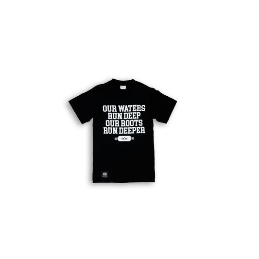 Deeper Roots Motto Tee- Bones ( White on Black)