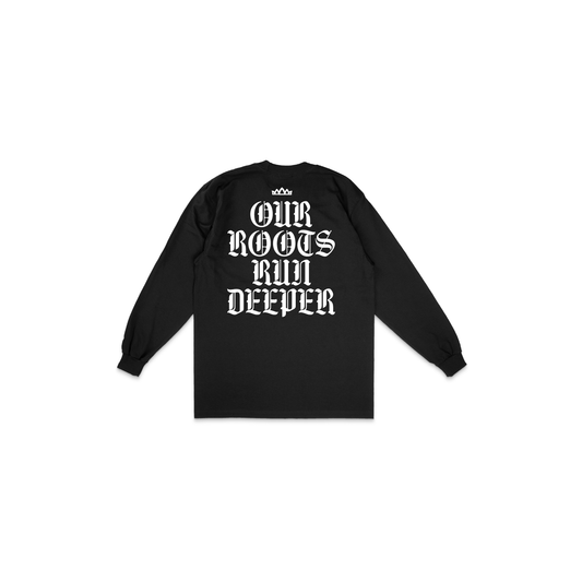 Root Heritage Script L/S Tee - White on Black