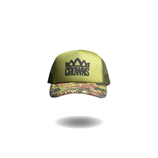 Standard Logo Trucker Hat- Cheetah Camo on Olive